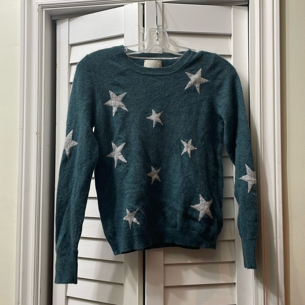 Cynthia Rowley cozy 2ply 100% cashmere pullover in turquoise with star detail